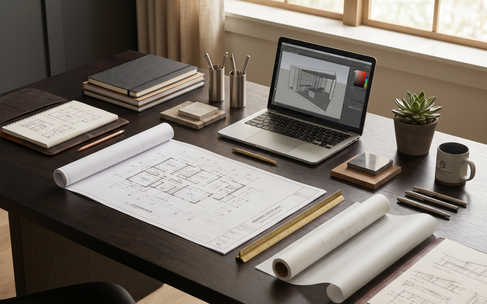Design desk with plans, drawings and materials