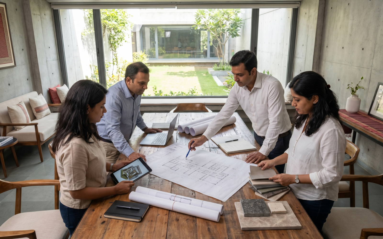 Ankura Architects team discussing drawings with clients